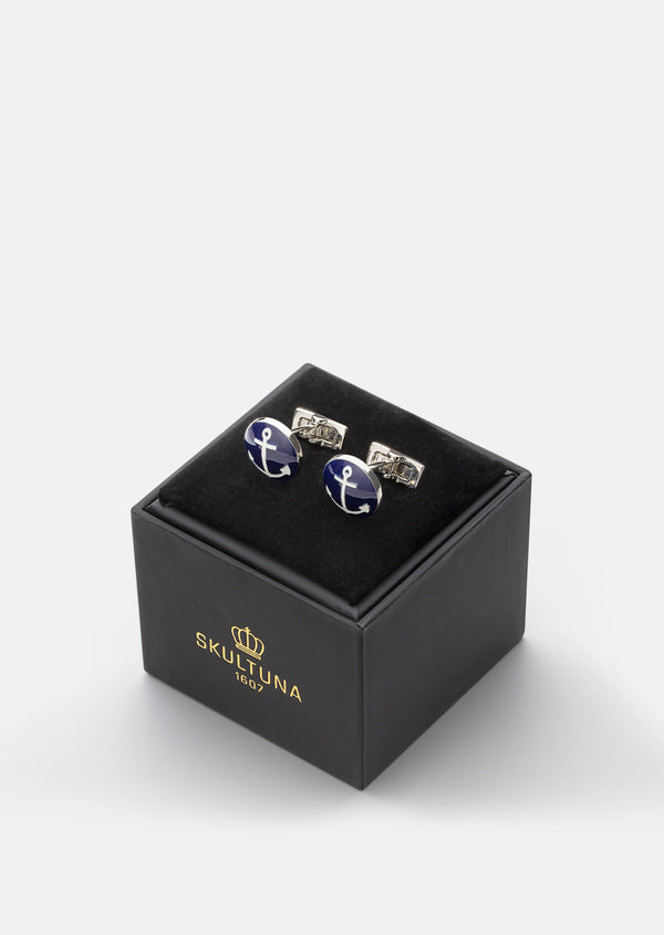 Anchor Silver Cufflinks - Blue & White
