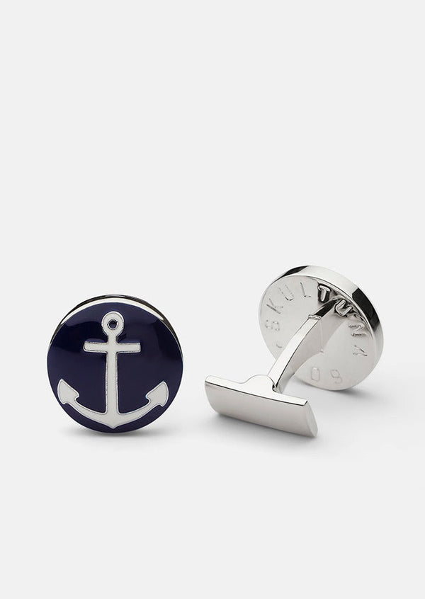 Anchor Silver Cufflinks - Blue & White